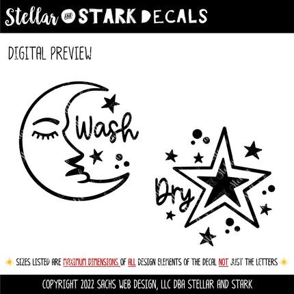 Moon and Stars Wash Dry Vinyl Decal/Sticker Set