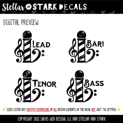 Barbershop Pole Music with Voice Part Vinyl Decal/Sticker