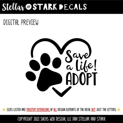 Save A Life Adopt Pet Paw Heart Vinyl Decal/Sticker