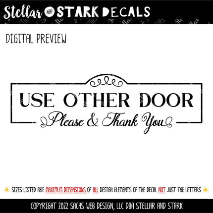 Antique Script Use Other Door Please & Thank You Vinyl Decal/Sticker