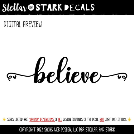 Script Believe with Hearts Vinyl Decal/Sticker