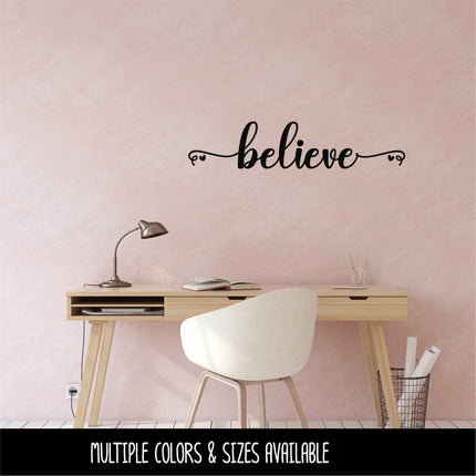 Script Believe with Hearts Vinyl Decal/Sticker