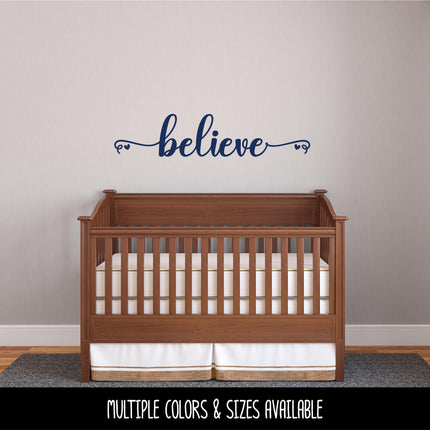 Script Believe with Hearts Vinyl Decal/Sticker
