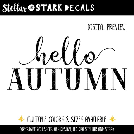 Hello Autumn Cursive w/Tails Vinyl Decal - Hello Autumn Vinyl Sticker - Hello Autumn Sticker - Hello Autumn Decal - Hello Fall Decal - Fall