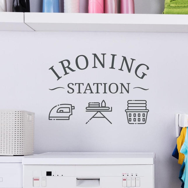 Ironing Station Decal with Ironing Board, Iron, Laundry Basket Icons, Laundry Room Decor, Iron Decal, Ironing Board Storage Sign, Laundry