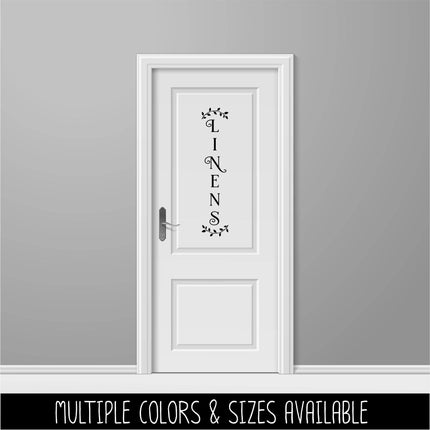 Vertical Curved Leaves Linens Decal - Linens Sticker - Linens Closet Door Label - Linens Closet Door Sticker -Bathroom Linens Door Decal