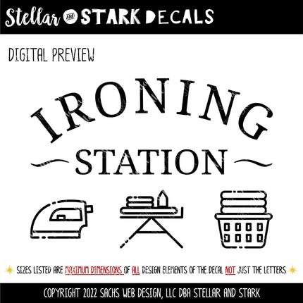 Ironing Station Decal with Ironing Board, Iron, Laundry Basket Icons, Laundry Room Decor, Iron Decal, Ironing Board Storage Sign, Laundry