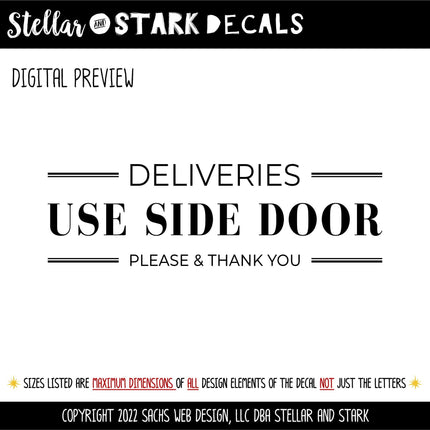 Deliveries Use Side Door Decal, Deliveries Use Side Door Sticker, Door Decal, Wall Decal, Front Door Decal, Sign, Porch Sign, Gate, Sign