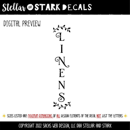 Vertical Curved Leaves Linens Decal - Linens Sticker - Linens Closet Door Label - Linens Closet Door Sticker -Bathroom Linens Door Decal