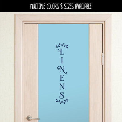 Vertical Curved Leaves Linens Decal - Linens Sticker - Linens Closet Door Label - Linens Closet Door Sticker -Bathroom Linens Door Decal
