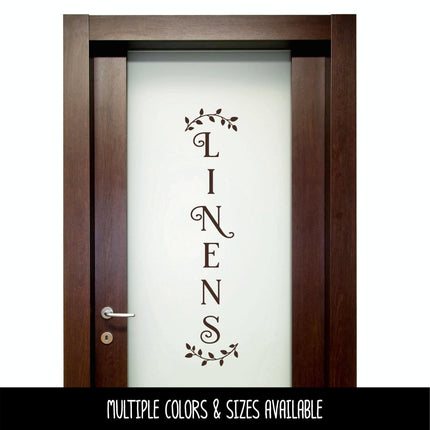 Vertical Curved Leaves Linens Decal - Linens Sticker - Linens Closet Door Label - Linens Closet Door Sticker -Bathroom Linens Door Decal