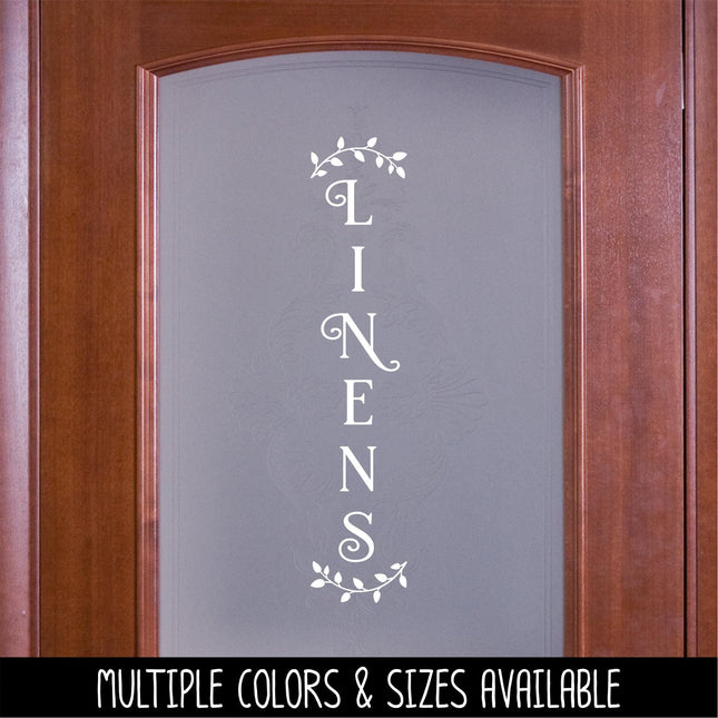 Vertical Curved Leaves Linens Decal - Linens Sticker - Linens Closet Door Label - Linens Closet Door Sticker -Bathroom Linens Door Decal