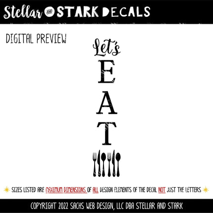 Vertical Let's Eat Decal, Vertical Lets Eat Sticker, Kitchen Decor, Dining Room Decor, Let's Eat Sign, Silverware decal, Eat wall mural