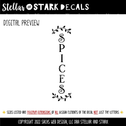 Vertical Spices Curved Leaves Decal - Kitchen Spices Sticker - Food Spices Door Label - Food Spices Door Sticker -Kitchen Spices Door Decal