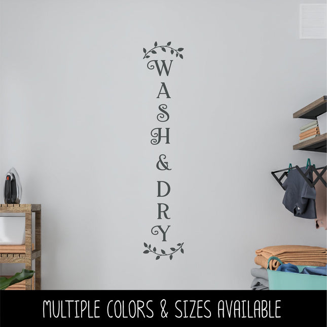 Vertical Wash & Dry Curved Leaves Decal - Vertical Laundry Sticker - Vertical Wash Dry Door Decal - Vertical Wall Sign - Laundry Decal