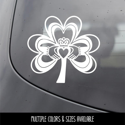 Claddagh Shamrock Vinyl Decal, Irish Sticker, Hearts Hands Crown Wall Sign, Four Leaf Clover, Celtic Car Decal, Love Loyalty Friendship