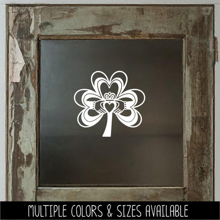 Claddagh Shamrock Vinyl Decal, Irish Sticker, Hearts Hands Crown Wall Sign, Four Leaf Clover, Celtic Car Decal, Love Loyalty Friendship