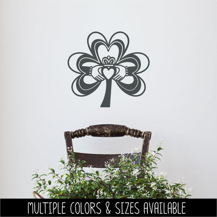 Claddagh Shamrock Vinyl Decal, Irish Sticker, Hearts Hands Crown Wall Sign, Four Leaf Clover, Celtic Car Decal, Love Loyalty Friendship