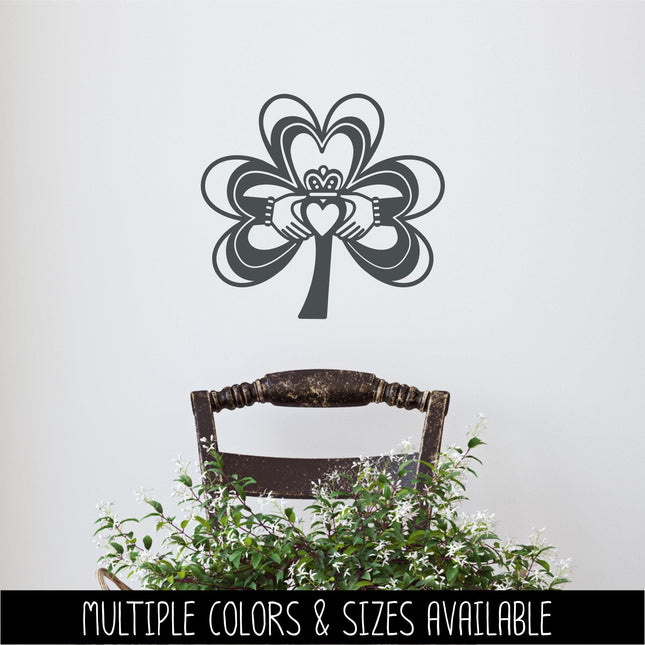Claddagh Shamrock Vinyl Decal, Irish Sticker, Hearts Hands Crown Wall Sign, Four Leaf Clover, Celtic Car Decal, Love Loyalty Friendship