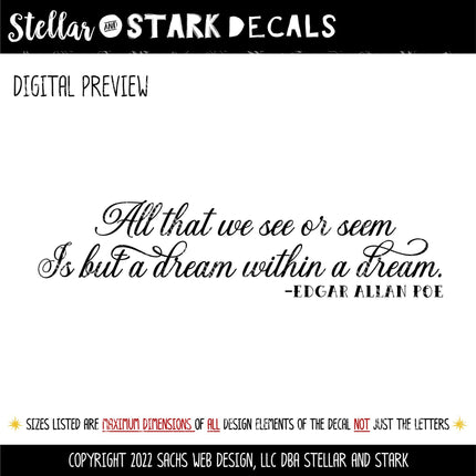 Dream Within A Dream Vinyl Decal Sticker, Edgar Allen Poe Quote Wall Mural, Gothic Home Decor, Spooky Literary Wall Art, Macabre Poetry Gift