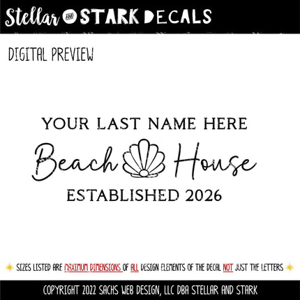 Custom Beach House Decal with Family Name & Established Year, Seashell Coastal Home Decor, Personalized Nautical Wall Art Sticker, Gift