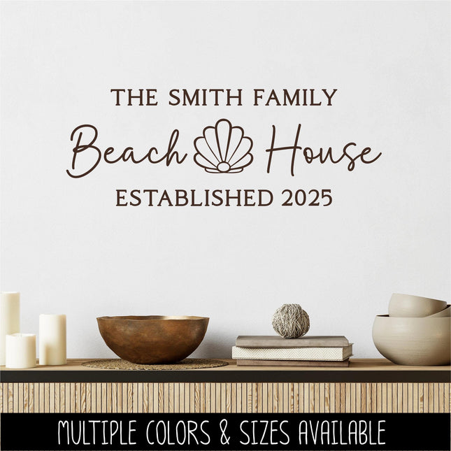 Custom Beach House Decal with Family Name & Established Year, Seashell Coastal Home Decor, Personalized Nautical Wall Art Sticker, Gift