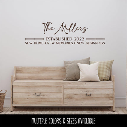 Custom Family Name Wall Decal - New Home New Memories New Beginnings Quote - Personalized Established Date Sign - Personalized House Gift