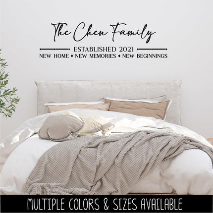 Custom Family Name Wall Decal - New Home New Memories New Beginnings Quote - Personalized Established Date Sign - Personalized House Gift