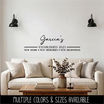Custom Family Name Wall Decal - New Home New Memories New Beginnings Quote - Personalized Established Date Sign - Personalized House Gift