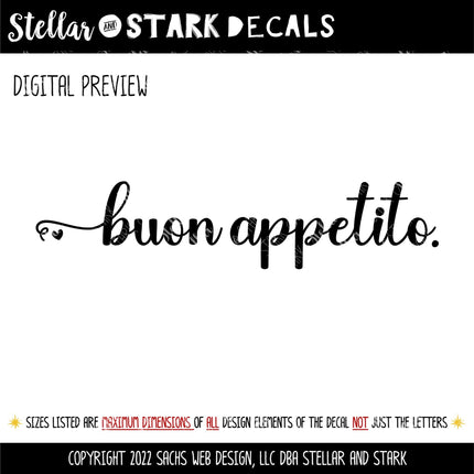 Buon Appetito with Heart Vinyl Decal - Italian Enjoy Your Meal Sticker - Dining Room Wall Art - Italy Kitchen Decor - Restaurant Window Sign
