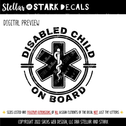 Disabled Child On Board Badge Decal - Disabled Sticker - Handicap Car Decal - Medical Alert Sign - Disabilities Warning Bumper Sticker