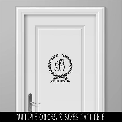 Custom Floral Wreath Monogram Vinyl Decal with Established Year | Personalized Family Name Sticker for Wedding Gift, Wood Sign, Front Door