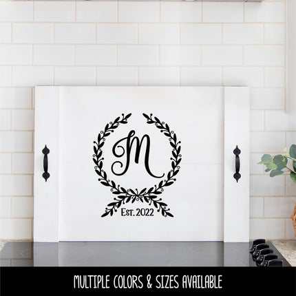 Custom Floral Wreath Monogram Vinyl Decal with Established Year | Personalized Family Name Sticker for Wedding Gift, Wood Sign, Front Door