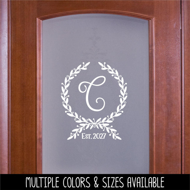 Custom Floral Wreath Monogram Vinyl Decal with Established Year | Personalized Family Name Sticker for Wedding Gift, Wood Sign, Front Door