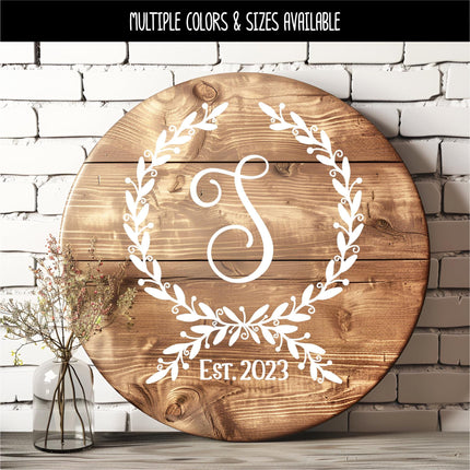 Custom Floral Wreath Monogram Vinyl Decal with Established Year | Personalized Family Name Sticker for Wedding Gift, Wood Sign, Front Door