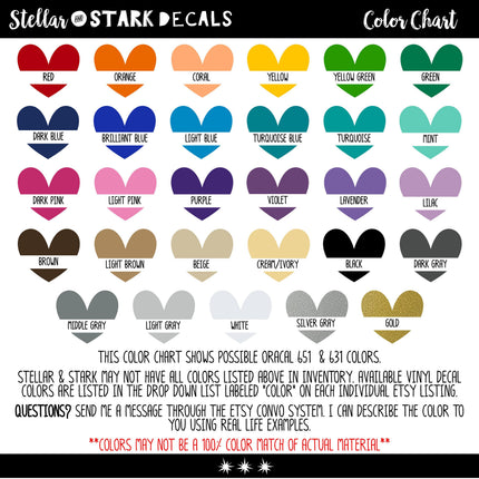 The image is a color chart displaying various oracal colors, including red, orange, coral, yellow, green, blue, dark blue, bright blue, turquoise, mint, purple, lavender, lime, brown, light brown, beige, light grey, silver grey, gold, and middle grey. The chart provides a visual representation of the possible oracal colors and their corresponding names.