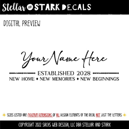 Custom Family Name Wall Decal - New Home New Memories New Beginnings Quote - Personalized Established Date Sign - Personalized House Gift