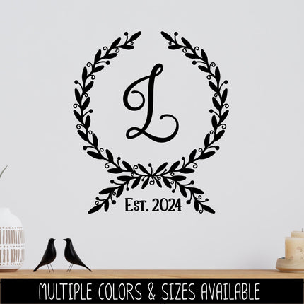 Custom Floral Wreath Monogram Vinyl Decal with Established Year | Personalized Family Name Sticker for Wedding Gift, Wood Sign, Front Door