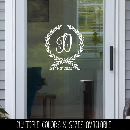 Custom Floral Wreath Monogram Vinyl Decal with Established Year | Personalized Family Name Sticker for Wedding Gift, Wood Sign, Front Door