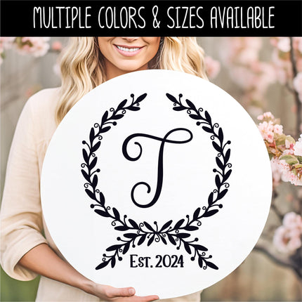 Custom Floral Wreath Monogram Vinyl Decal with Established Year | Personalized Family Name Sticker for Wedding Gift, Wood Sign, Front Door