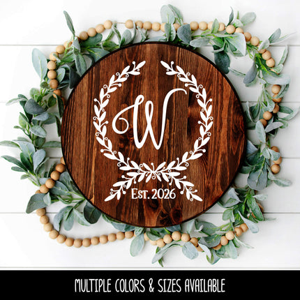 Custom Floral Wreath Monogram Vinyl Decal with Established Year | Personalized Family Name Sticker for Wedding Gift, Wood Sign, Front Door