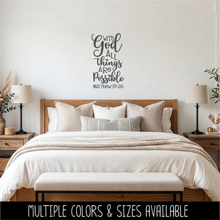 With God All Things Are Possible Vinyl Decal, Matthew 19:26 Sticker, Christian Saying, Bible Verse, Motivational Saying, Jesus Wall Decor