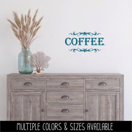 Coffee with Scroll Decal - Coffee Sticker - Food Pantry Door Label - Food Pantry Door Sticker - Kitchen Door Decal - Coffee - Barista Bar