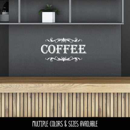 Coffee with Scroll Decal - Coffee Sticker - Food Pantry Door Label - Food Pantry Door Sticker - Kitchen Door Decal - Coffee - Barista Bar