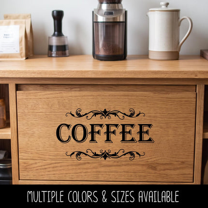 Coffee with Scroll Decal - Coffee Sticker - Food Pantry Door Label - Food Pantry Door Sticker - Kitchen Door Decal - Coffee - Barista Bar