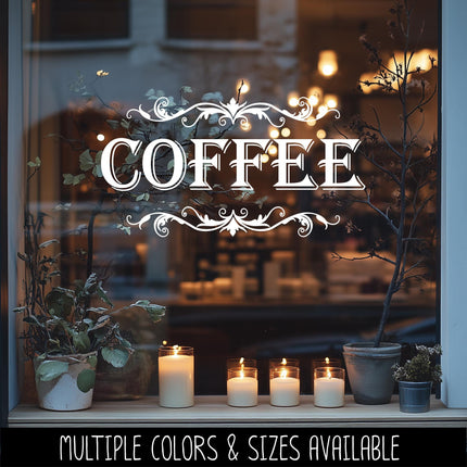 Coffee with Scroll Decal - Coffee Sticker - Food Pantry Door Label - Food Pantry Door Sticker - Kitchen Door Decal - Coffee - Barista Bar