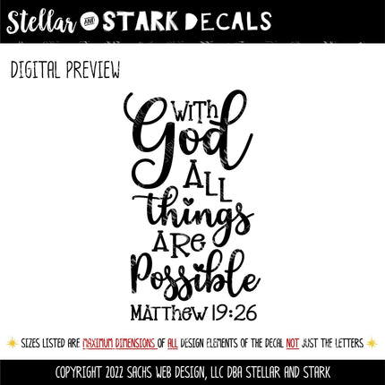 With God All Things Are Possible Vinyl Decal, Matthew 19:26 Sticker, Christian Saying, Bible Verse, Motivational Saying, Jesus Wall Decor