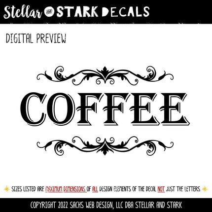 Coffee with Scroll Decal - Coffee Sticker - Food Pantry Door Label - Food Pantry Door Sticker - Kitchen Door Decal - Coffee - Barista Bar