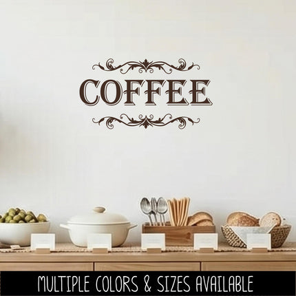 Coffee with Scroll Decal - Coffee Sticker - Food Pantry Door Label - Food Pantry Door Sticker - Kitchen Door Decal - Coffee - Barista Bar