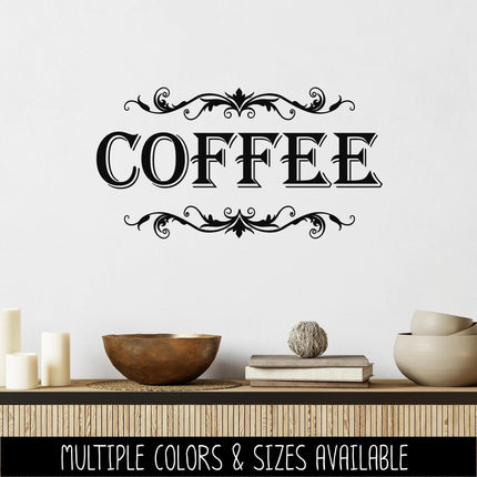 Coffee with Scroll Decal - Coffee Sticker - Food Pantry Door Label - Food Pantry Door Sticker - Kitchen Door Decal - Coffee - Barista Bar